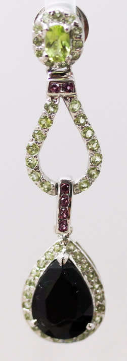 GLAMOROUS BLACK ONYX, PERIDOT AND GARNET STERLING SILVER DROP EARRINGS. 925