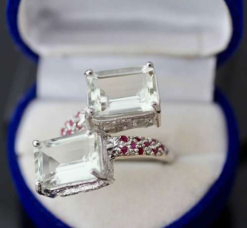 VERY LARGE HANDCRAFTED DOUBLE HEAD GREEN BRAZILIAN MINED AMETHYST MINED RUBIES STERLING SILVER RING