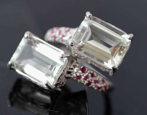 VERY LARGE HANDCRAFTED DOUBLE HEAD GREEN BRAZILIAN MINED AMETHYST MINED RUBIES STERLING SILVER RING