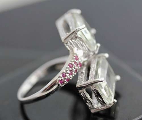 VERY LARGE HANDCRAFTED DOUBLE HEAD GREEN BRAZILIAN MINED AMETHYST MINED RUBIES STERLING SILVER RING