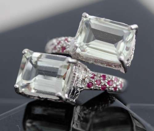 VERY LARGE HANDCRAFTED DOUBLE HEAD GREEN BRAZILIAN MINED AMETHYST MINED RUBIES STERLING SILVER RING