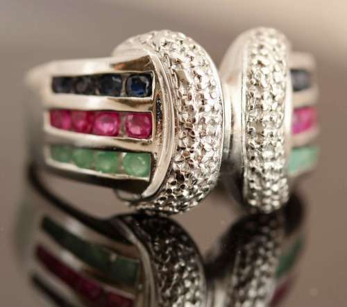 SOLID HEAVY STERLING SILVER RUBY, EMERALD AND SAPPHIRE RING WITH SMALL DIAMOND ACCENT. 925