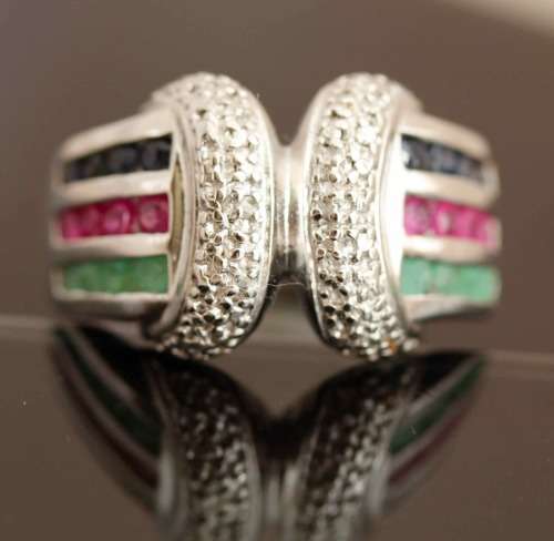 SOLID HEAVY STERLING SILVER RUBY, EMERALD AND SAPPHIRE RING WITH SMALL DIAMOND ACCENT. 925