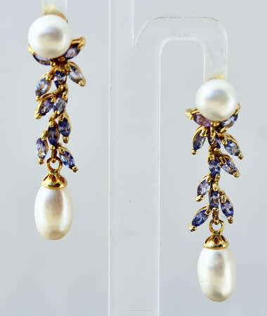 LONG DROP AND DANGLE NATURAL TANZANITE AND BAROQUE PEARL GOLD-HUED STERLING SILVER EARRINGS. 925
