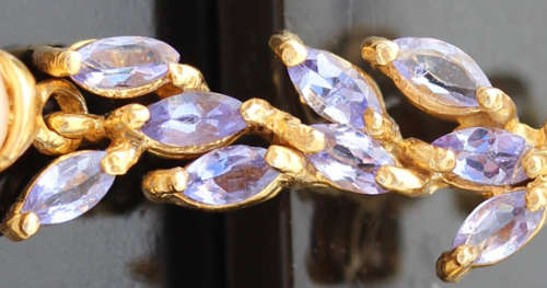 LONG DROP AND DANGLE NATURAL TANZANITE AND BAROQUE PEARL GOLD-HUED STERLING SILVER EARRINGS. 925