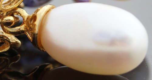 LONG DROP AND DANGLE NATURAL TANZANITE AND BAROQUE PEARL GOLD-HUED STERLING SILVER EARRINGS. 925