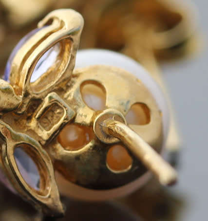 LONG DROP AND DANGLE NATURAL TANZANITE AND BAROQUE PEARL GOLD-HUED STERLING SILVER EARRINGS. 925