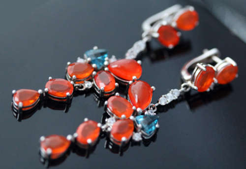 LONG LONDON BLUE TOPAZ, JELLY OPALS SOLID STERLING SILVER EARRINGS. 925 LONG AND GLAM!