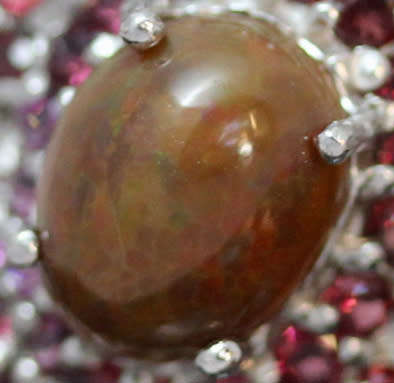 LARGE STERLING SILVER RING NATURAL HOT RAINBOW BLACK OPAL CABOCHON AND REAL GARNET GEMSTONES