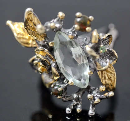 'JEWELLERY ART' STERLING SILVER RING GREEN AMETHYST, BLACK OPALS, EMERALD ACCENT - 3D HANDCRAFTED