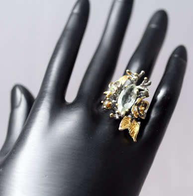 'JEWELLERY ART' STERLING SILVER RING GREEN AMETHYST, BLACK OPALS, EMERALD ACCENT - 3D HANDCRAFTED
