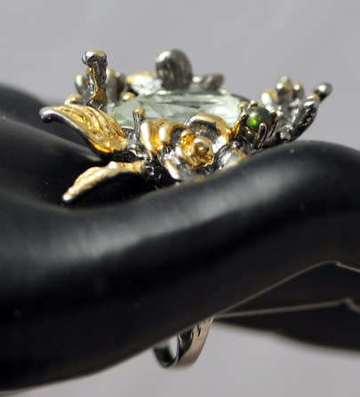 'JEWELLERY ART' STERLING SILVER RING GREEN AMETHYST, BLACK OPALS, EMERALD ACCENT - 3D HANDCRAFTED