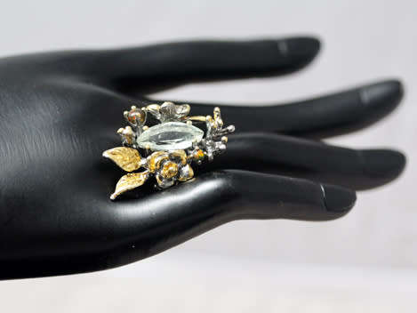 'JEWELLERY ART' STERLING SILVER RING GREEN AMETHYST, BLACK OPALS, EMERALD ACCENT - 3D HANDCRAFTED