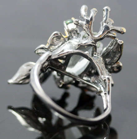 'JEWELLERY ART' STERLING SILVER RING GREEN AMETHYST, BLACK OPALS, EMERALD ACCENT - 3D HANDCRAFTED