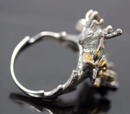 'JEWELLERY ART' STERLING SILVER RING GREEN AMETHYST, BLACK OPALS, EMERALD ACCENT - 3D HANDCRAFTED