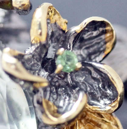 'JEWELLERY ART' STERLING SILVER RING GREEN AMETHYST, BLACK OPALS, EMERALD ACCENT - 3D HANDCRAFTED