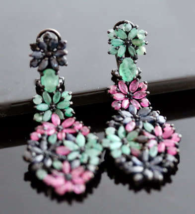 STRIKING LARGE & LONG REAL EMERALD, RUBY, SAPPHIRE STERLING SILVER EARRINGS. BLACK RHODIUM FINISH