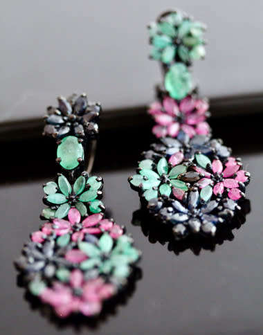 STRIKING LARGE & LONG REAL EMERALD, RUBY, SAPPHIRE STERLING SILVER EARRINGS. BLACK RHODIUM FINISH