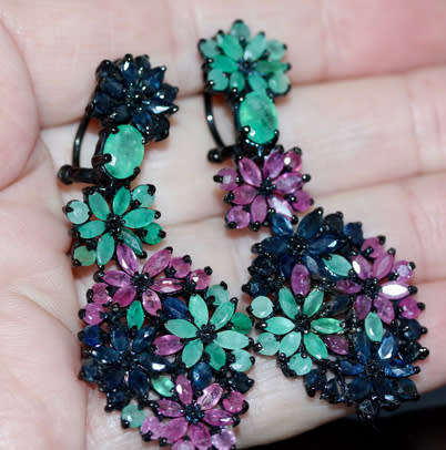STRIKING LARGE & LONG REAL EMERALD, RUBY, SAPPHIRE STERLING SILVER EARRINGS. BLACK RHODIUM FINISH