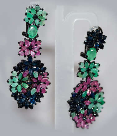STRIKING LARGE & LONG REAL EMERALD, RUBY, SAPPHIRE STERLING SILVER EARRINGS. BLACK RHODIUM FINISH