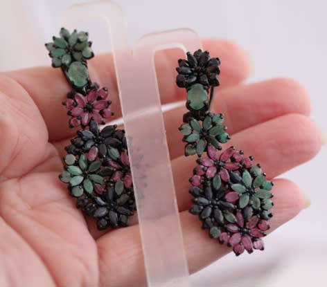 STRIKING LARGE & LONG REAL EMERALD, RUBY, SAPPHIRE STERLING SILVER EARRINGS. BLACK RHODIUM FINISH