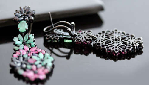 STRIKING LARGE & LONG REAL EMERALD, RUBY, SAPPHIRE STERLING SILVER EARRINGS. BLACK RHODIUM FINISH