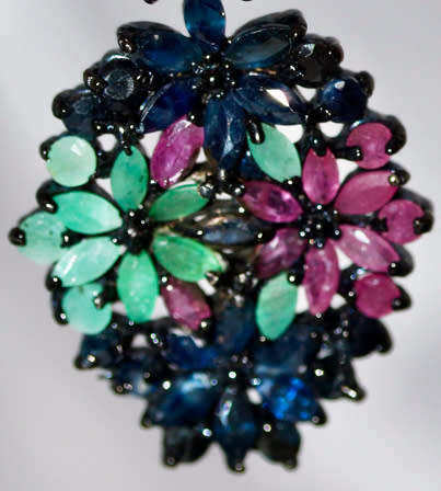 STRIKING LARGE & LONG REAL EMERALD, RUBY, SAPPHIRE STERLING SILVER EARRINGS. BLACK RHODIUM FINISH