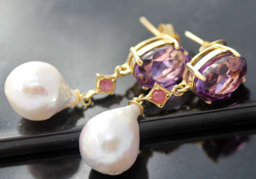 AMETHYST RUBY AND FRESHWATER PEARL GOLD-HUED STERLING SILVER EARRINGS. HEAVY DROP & DANGLE 15 grams