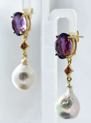 AMETHYST RUBY AND FRESHWATER PEARL GOLD-HUED STERLING SILVER EARRINGS. HEAVY DROP & DANGLE 15 grams
