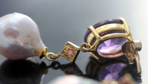 AMETHYST RUBY AND FRESHWATER PEARL GOLD-HUED STERLING SILVER EARRINGS. HEAVY DROP & DANGLE 15 grams