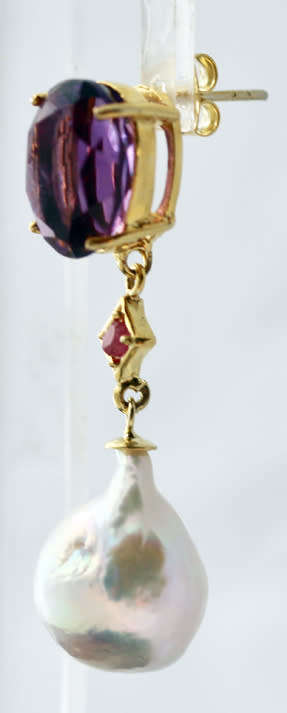 AMETHYST RUBY AND FRESHWATER PEARL GOLD-HUED STERLING SILVER EARRINGS. HEAVY DROP & DANGLE 15 grams