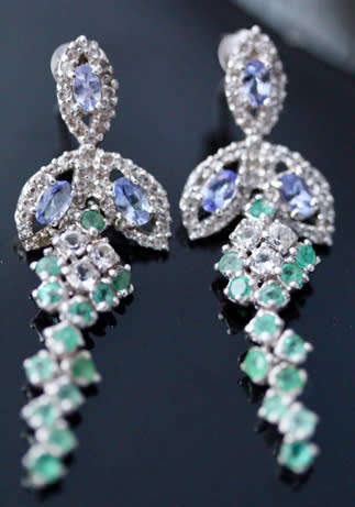 GLAMOROUS TANZANITE, EMERALD AND WHITE TOPAZ STERLING SILVER DROP & DANGLE EARRINGS. 925