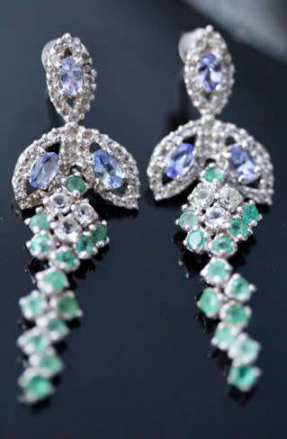 GLAMOROUS TANZANITE, EMERALD AND WHITE TOPAZ STERLING SILVER DROP & DANGLE EARRINGS. 925