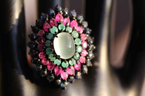 STRIKING LARGE REAL PREHNITE, RUBY, EMERALD, SAPPHIRE GEMS STERLING SILVER RING BLACK RHODIUM FINISH