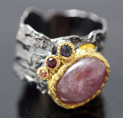LARGE HANDCRAFTED 'JEWELLERY ART' NATURAL RUBY & GEMSTONE STERLING SILVER RING GUNMETAL GREY FINISH