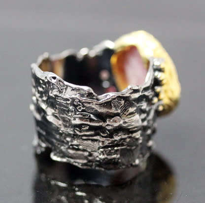 LARGE HANDCRAFTED 'JEWELLERY ART' NATURAL RUBY & GEMSTONE STERLING SILVER RING GUNMETAL GREY FINISH