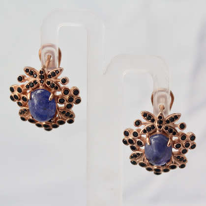 UNUSUAL FLORAL TANZANITE AND BLACK SPINEL ROSE GOLD-HUED STERLING SILVER EARRINGS. 925