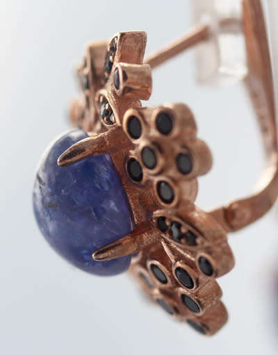 UNUSUAL FLORAL TANZANITE AND BLACK SPINEL ROSE GOLD-HUED STERLING SILVER EARRINGS. 925