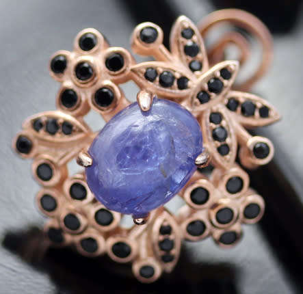 UNUSUAL FLORAL TANZANITE AND BLACK SPINEL ROSE GOLD-HUED STERLING SILVER EARRINGS. 925