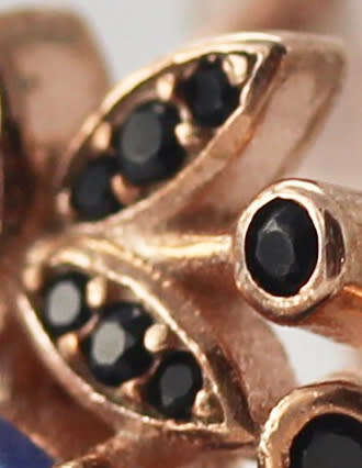 UNUSUAL FLORAL TANZANITE AND BLACK SPINEL ROSE GOLD-HUED STERLING SILVER EARRINGS. 925