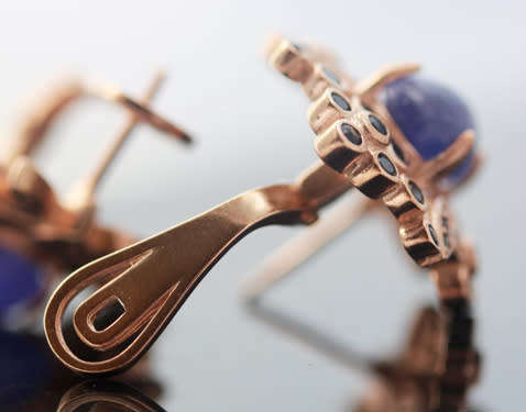 UNUSUAL FLORAL TANZANITE AND BLACK SPINEL ROSE GOLD-HUED STERLING SILVER EARRINGS. 925