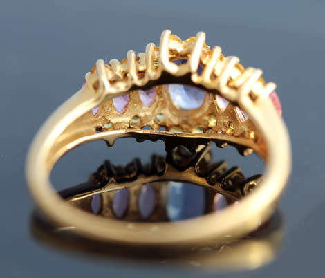 VINTAGE ENGLISH 9CT YELLOW GOLD RING .80ct TANZANITE 1,85ct PINK & YELLOW SAPPHIRES CERTIF R26'000