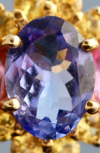 VINTAGE ENGLISH 9CT YELLOW GOLD RING .80ct TANZANITE 1,85ct PINK & YELLOW SAPPHIRES CERTIF R26'000