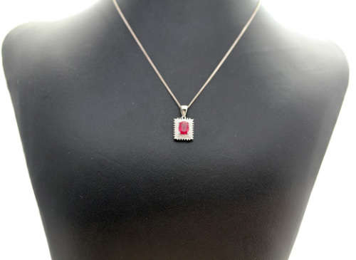 PRETTY ANTIQUE CUT DEEP PINK NATURAL RUBY & CUBIC ZIRCONIA PENDANT 35CM STERLING SILVER CHAIN. 295