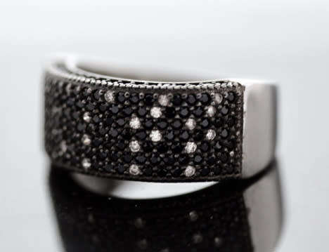 STERLING SILVER RAISED BROADBAND RING BLACK SPINEL & WHITE CRYSTAL ACCENTS