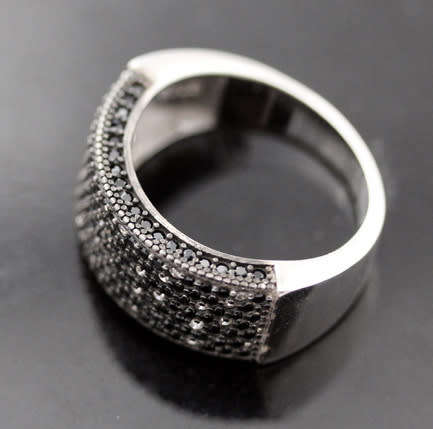 STERLING SILVER RAISED BROADBAND RING BLACK SPINEL & WHITE CRYSTAL ACCENTS