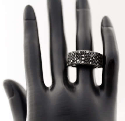 STERLING SILVER RAISED BROADBAND RING BLACK SPINEL & WHITE CRYSTAL ACCENTS
