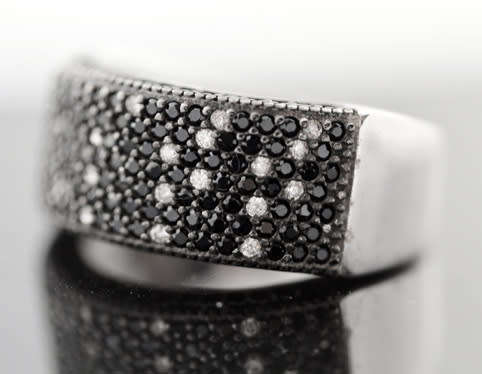 STERLING SILVER RAISED BROADBAND RING BLACK SPINEL & WHITE CRYSTAL ACCENTS