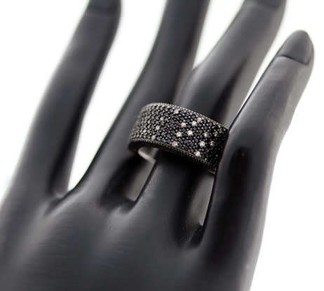 STERLING SILVER RAISED BROADBAND RING BLACK SPINEL & WHITE CRYSTAL ACCENTS