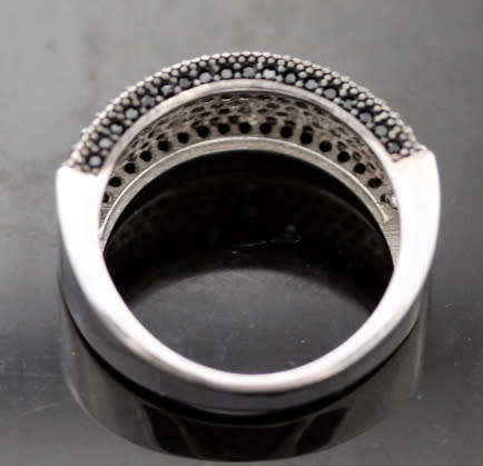 STERLING SILVER RAISED BROADBAND RING BLACK SPINEL & WHITE CRYSTAL ACCENTS